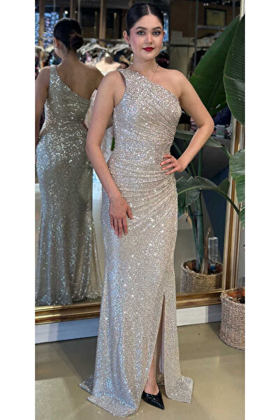 Abiyeniall Bej Payet Uzun Abiye Elbise 7383