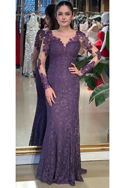 Abiyeniall Lavanta Uzun Kollu Dantel Detaylı Sırt Dekolteli Balık Etekli Dant...