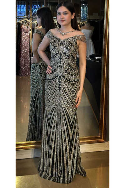 Abiyeniall Siyah Düz Kesim Simli Uzun Abiye Elbise 7771