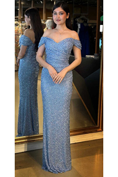 Abiyeniall Mavi Madonna Yaka Düz Kesim Pullu Boncuklu Uzun Abiye Elbise 11023