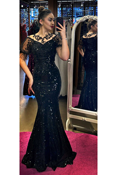 Abiyeniall Siyah Balon Kollu Dantel Detaylı Balık Etekli Pul Payet Uzun Abiye...