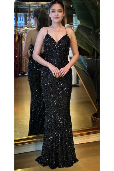 Abiyeniall Siyah İp V Yaka Askılı Sırt Dekolteli Balık Etekli Pul Payet Uzun ...