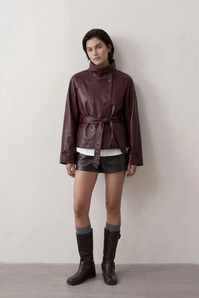 MEECY معطف طويل من الجلد الصناعي ذو ياقة عالية