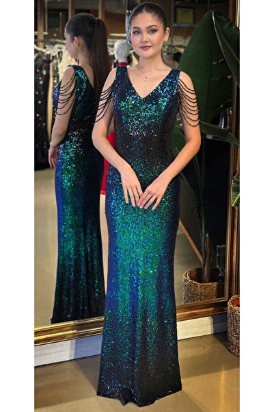 Abiyeniall Yeşil V Yaka Kalın Askı Boncuk İşlemeli Düz Kesim Payet Uzun Abiye...