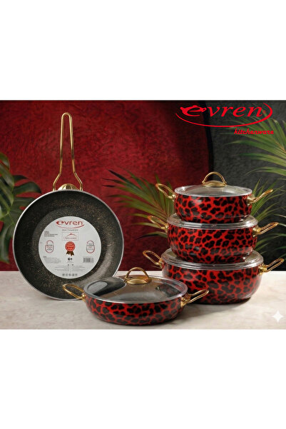 Evren طقم أواني طهي ريد ليوبارد مكون من 9 قطع، بقاعدة غير لاصقة