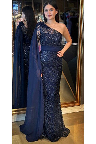 Abiyeniall Lacivert Tek Omuzlu Çiçek Detaylı Düz Kesim Pullu Boncuklu Uzun Ab...