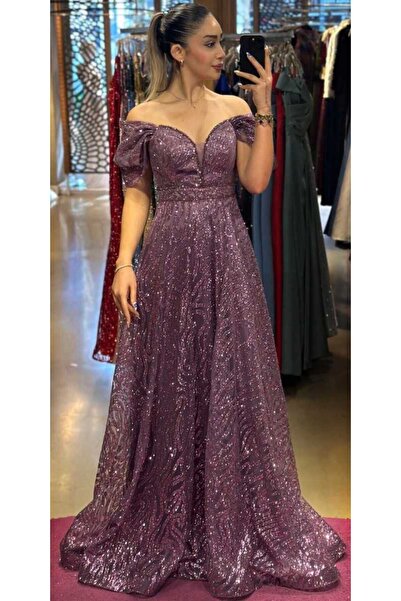 Abiyeniall Lavanta Boncuk İşlemeli Madonna Yaka Kloş Etekli Simli Uzun Abiye ...