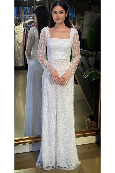 Abiyeniall Kırık Beyaz Kare Yaka Uzun Kollu Kloş Etekli Pullu Boncuklu Uzun A...