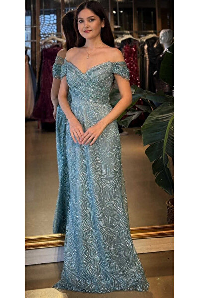 Abiyeniall Mint Madonna Yaka Sırt Dekolteli Düz Kesim Simli Uzun Abiye Elbise...