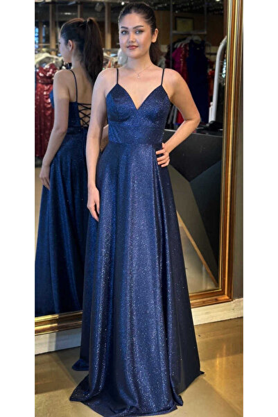 Abiyeniall Lacivert İp Askılı Sırt Dekolteli Anvelop Yırtmaçlı Kloş Etekli Si...