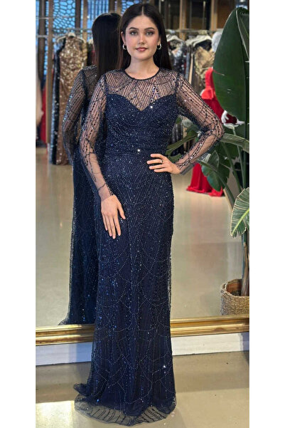 Abiyeniall Lacivert Yuvarlak Yaka Uzun Kollu Düz Kesim Pullu Boncuklu Uzun Ab...