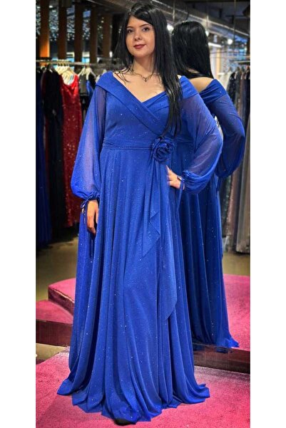 Abiyeniall Saks Uzun Kollu Çiçek Detaylı Kloş Etekli Simli Uzun Abiye Elbise ...