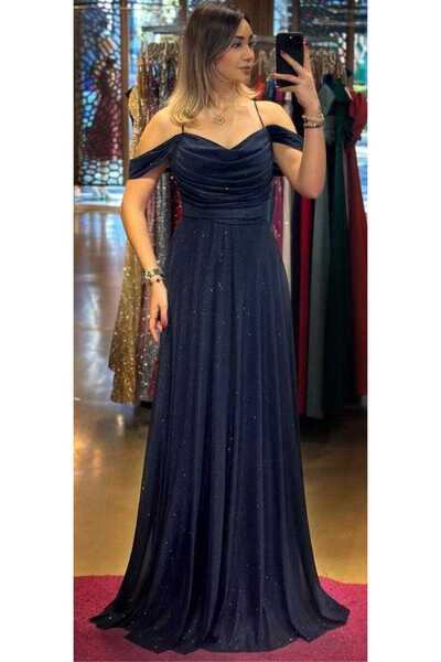 Abiyeniall Lacivert  İp Askılı  Sırt Dekolteli  Kloş Etekli Simli Kumaş Uzun ...