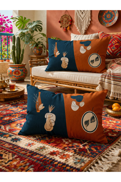 SasoHome Dark Blue Orange Surrealist Flowers Patterned 2-Piece Rectangular Th...