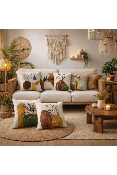 fdm desıgn Bohem Modern Vazo Desenli 6’lı Kırlent Kılıfı Seti Mikro Petek Kum...