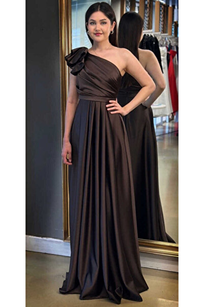 Abiyeniall Καφέ με έναν ώμο με φούστα σατέν μακρύ βραδινό φόρεμα 7501