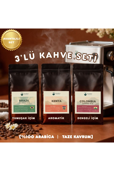Kahveras Coffee Roastery Kahve Seti 3'lü - Brazil Kenya Colombia Çekirdek & F...