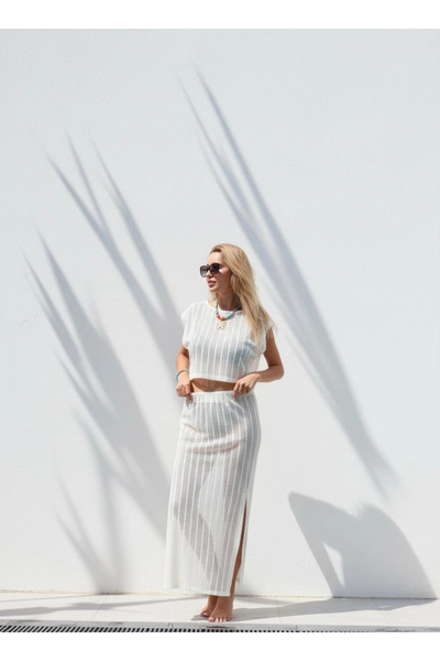 Su Koleksiyon طقم تنورة بلوزة شبكية محبوكة