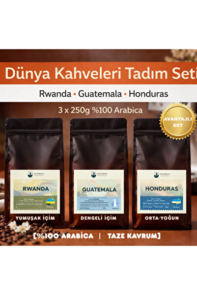 Kahveras Coffee Roastery Kahve Seti 3'lü - Rwanda Guatemala Honduras Çekirdek...