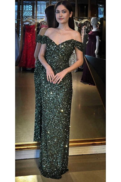 Abiyeniall Olive Madonna Yaka Düz Kesim Payet Uzun Abiye Elbise 11085