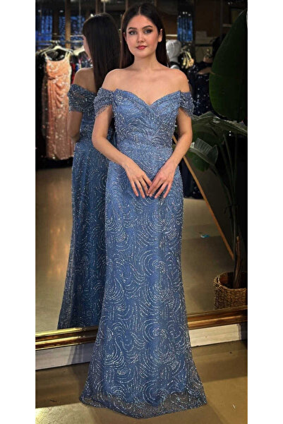 Abiyeniall İndigo Madonna Yaka Sırt Dekolteli Düz Kesim Simli Uzun Abiye Elbi...