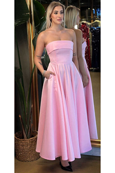 Abiyeniall Pembe Straplez Yaka Kloş Etekli Saten Midi Abiye Elbise 7647