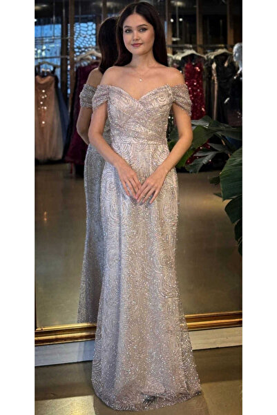 Abiyeniall Bej Madonna Yaka Sırt Dekolteli Düz Kesim Simli Uzun Abiye Elbise ...