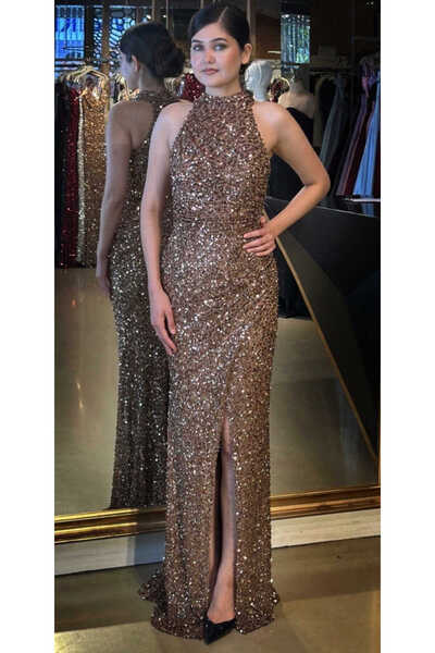 Abiyeniall Bakır Stefanel Yaka Yırtmaçlı Düz Kesim Payet Uzun Abiye Elbise 7781