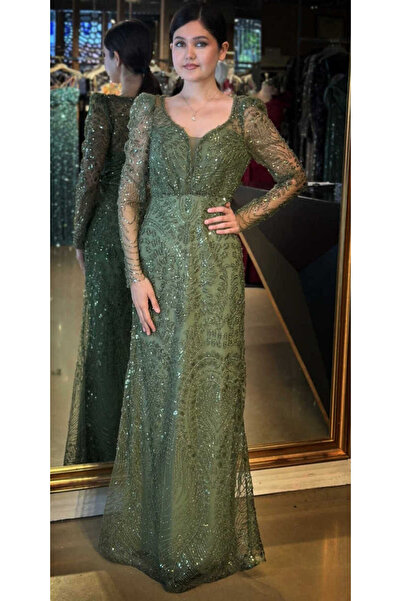 Abiyeniall Olive Uzun Kollu V Yaka Düz Kesim Pullu Boncuklu Uzun Abiye Elbise...