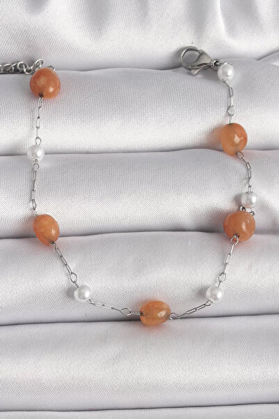 Skygo سوار نسائي من الفولاذ 316L فضي اللون برتقالي من الحجر الطبيعي مزين بالل...