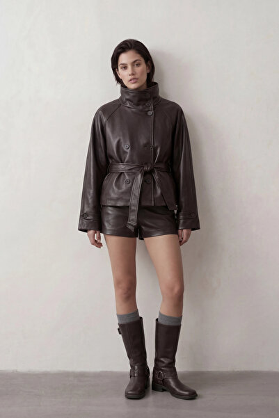 MEECY ψηλός λαιμός Τεχνητό δέρμα καμπαρντίνα