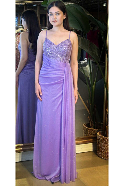 Abiyeniall Lila İp Askılı Düz Kesim Simli Uzun Abiye Elbise 7767