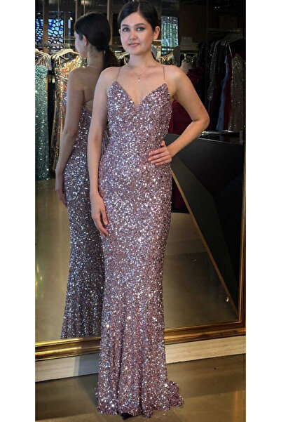 Abiyeniall Rose İp Askılı V Yaka Sırt Dekolteli Balık Etekli Pul Payet Uzun A...