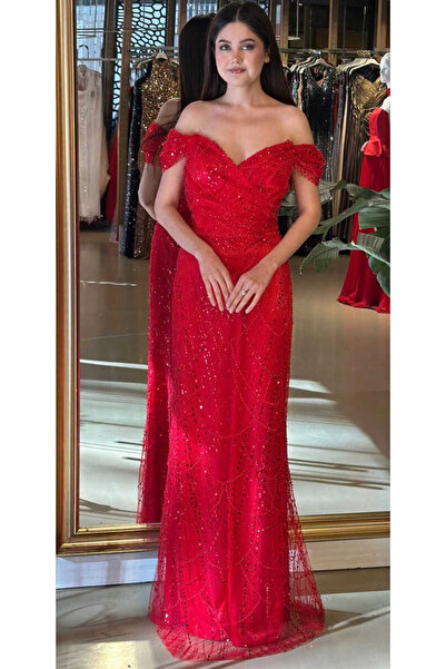 Abiyeniall Kırmızı Madonna Yaka Sırt Dekolteli Düz Kesim Pullu Boncuklu Uzun ...