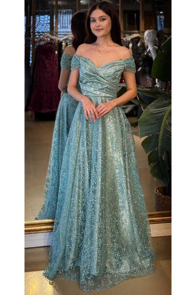 Abiyeniall Mint Madonna Yaka Sırt Dekolteli Kloş Etekli Simli Uzun Abiye Elbi...