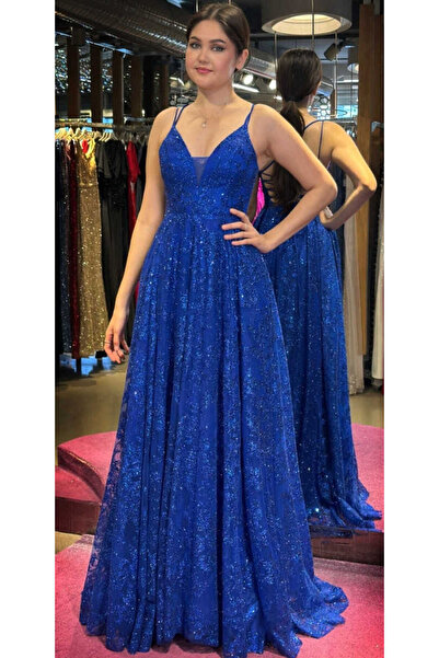 Abiyeniall Saks  İp Askılı  Sırt Dekolteli  Kloş Etekli Simli Uzun Abiye Elbi...