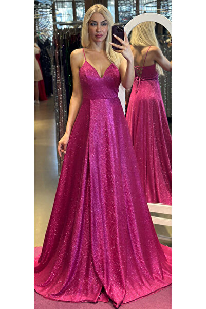 Abiyeniall Fuşya İp Askılı Sırt Dekolteli Anvelop Yırtmaçlı Kloş Etekli Simli...