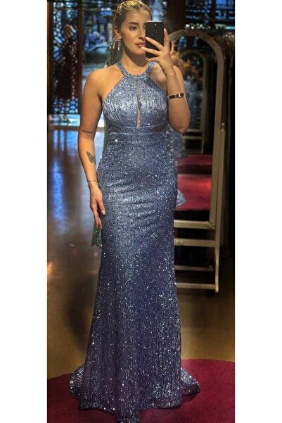 Abiyeniall İndigo Balık Etekli Simli Uzun Abiye Elbise 7460