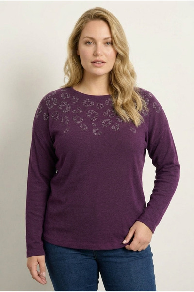 Stil Diva Plus Size Crew Neck Purple Leopard Stone Pattern Soft Sweater 356681
