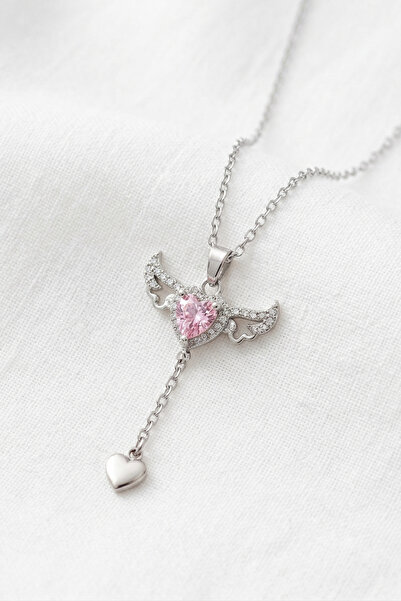 özgül takı ve tasarım Heart Wing Model Pink Zircon Stone Silver Color Stainle...