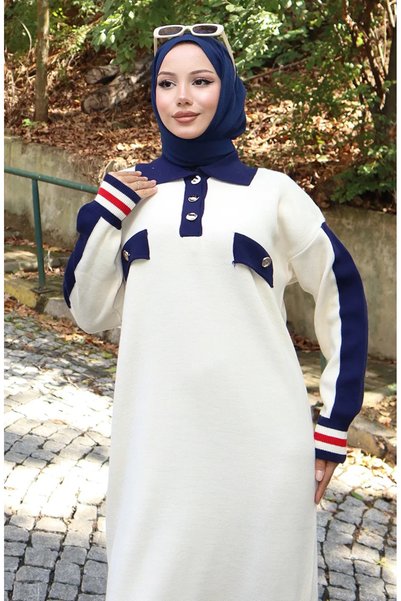 sefamerve Polo Neck Knitwear Dress with Pocket Detail 0507-03 Beige