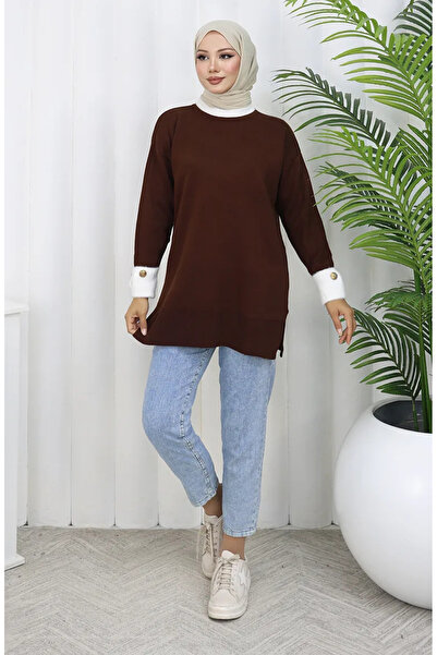 sefamerve زر تفصيلي للكم المحبوك بقطع قماش مخيطة معاً تونيك 3000-08 بني