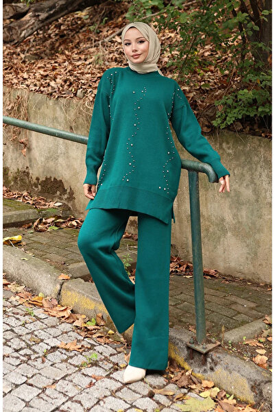 sefamerve طقم تريكو تونيك وبنطلون من تريكو تونيك مطبوع 1104-08 بترولي