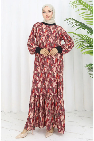 sefamerve Şifon Kumaş Yaprak Desenli Elbise 0054-02 Mürdüm