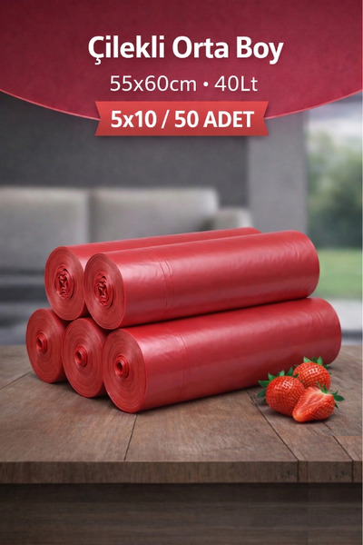 naft Büzgülü Orta Boy Çilek Kokulu Çöp Torbası 10'lu 5 Rulo 55x60 Çöp Poşeti ...