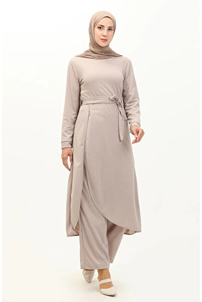 sefamerve Σετ 2 τεμαχίων μπεζ τουνίκ και παντελόνι - Λεπτομέρεια με σχισμή 06...