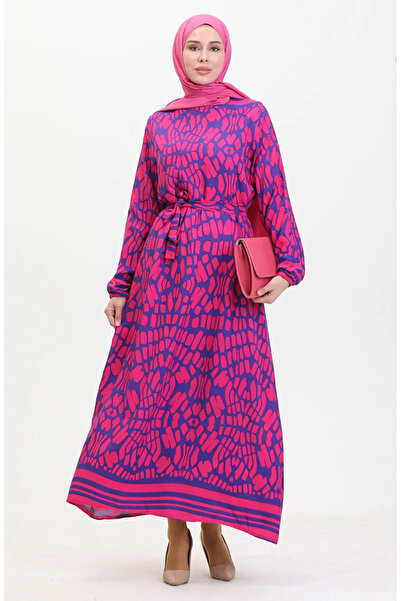 sefamerve Φούξια φόρεμα βισκόζης - με μοτίβο και φύλλο 0473-02