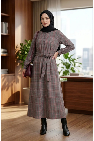 sefamerve Plaid Patterned Belted Hijab Dress 2219-02 Gray Red