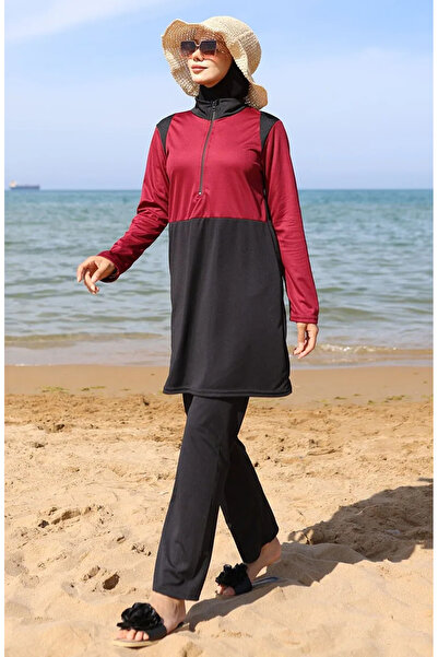 sefamerve Fermuarlı Tesettür Mayo 2508-03 Bordo Siyah