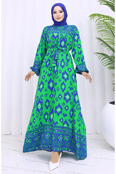 sefamerve Viscose Fabric Patterned Belted Dress 2031-03 Green